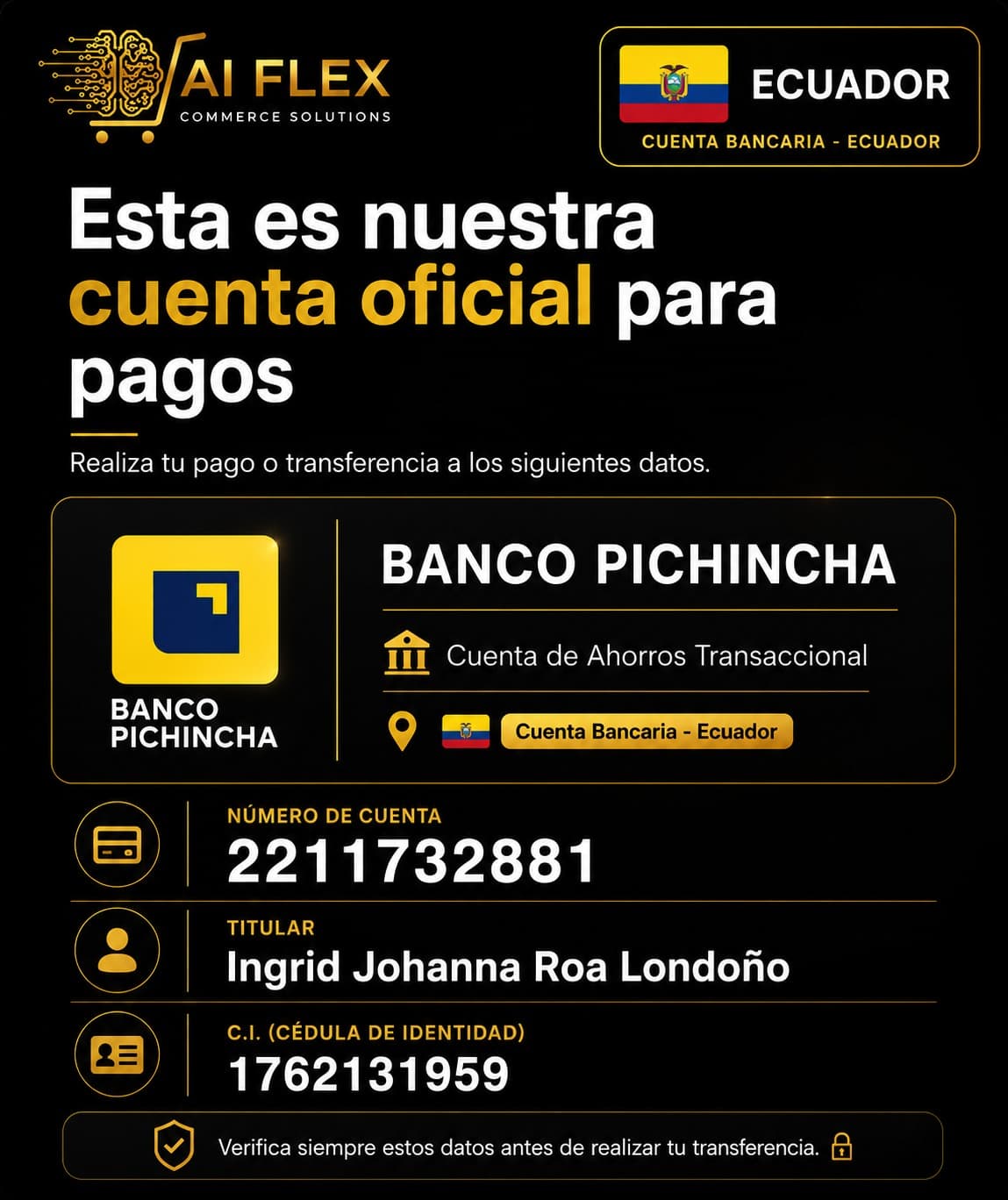 Cuenta bancaria oficial de Flexe en Ecuador — Banco Pichincha